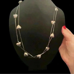 Vintage silver tone puff heart station layering necklace